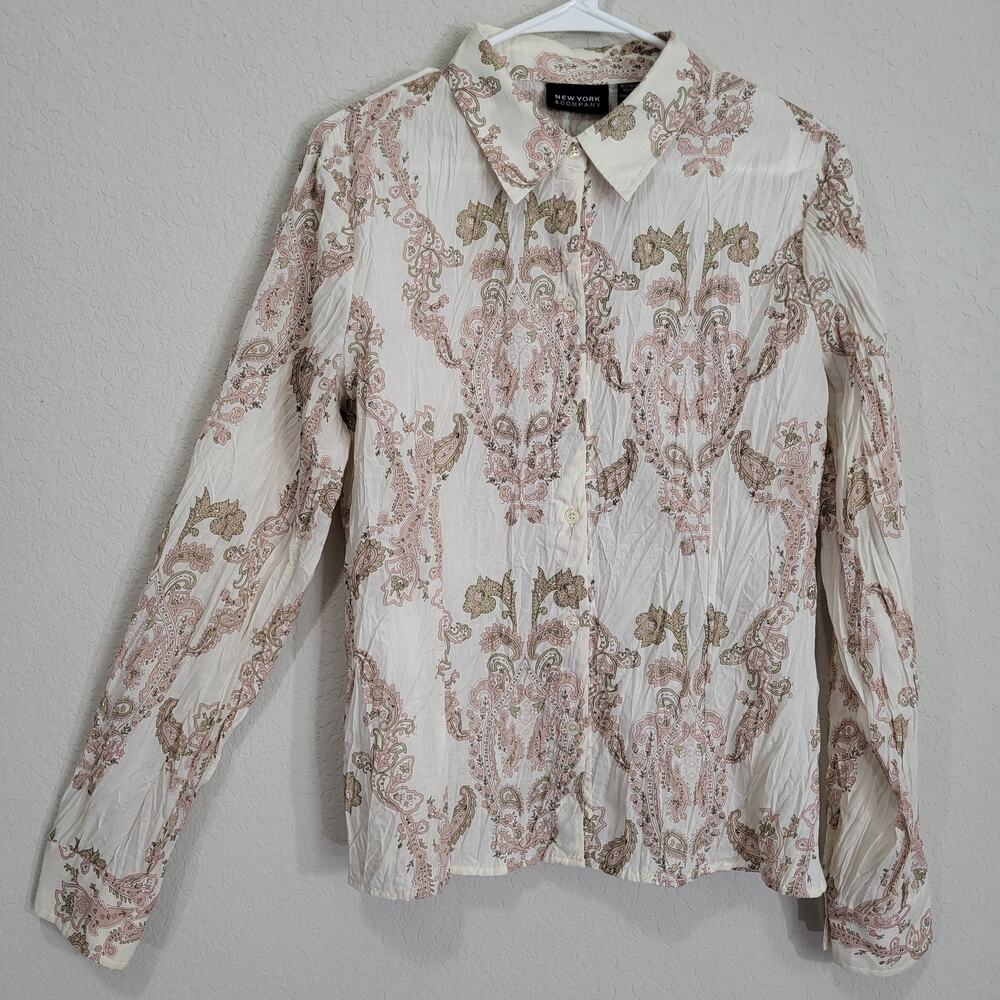 New York & Company Paisley Button Down Shirt Womens XL Cream Pink Crinkle Blouse